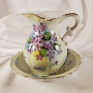 Vintage Norcrest Ceramic Bowl & Pitcher Hand Painted Purple Violets PR-8F 6 inch